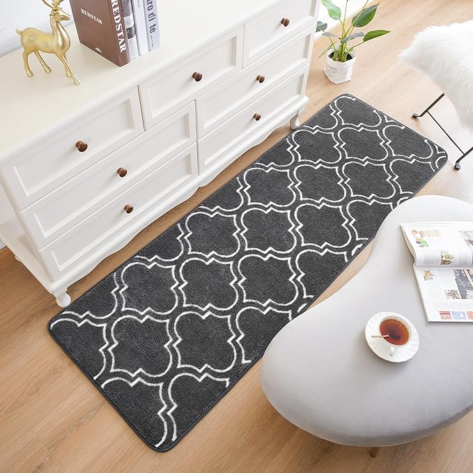 Chicrug Shag Geometric Modern Runner Rug for Bedroom, 2x6 Feet Memory Foam Indoor Hallway Runner Carpet, Fluffy Rug for Living Room Bedside Room Decor for Family, Dark Grey/White - LeafyLoom
