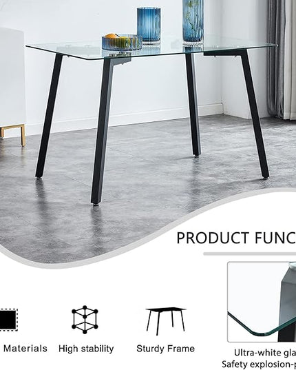 NicBex Modern Minimalist Rectangular Glass Dining Table for 4-6 with 0.31" Tempered Glass Tabletop and Black Coating Metal Legs, Writing Table Desk, for Kitchen Dining Living Room, Black - LeafyLoom