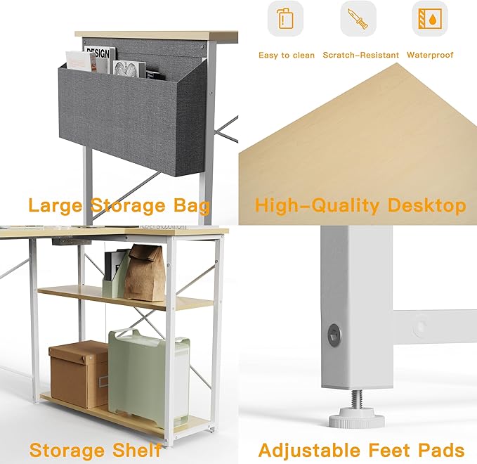 L Shaped Computer Desk with Power Outlets, 47 Inch Gaming Desk, Small Desk Corner Desk with Reversible Shelves, Study Desk Writing Desk for Home Office Bedroom, Work from Home, Beige - LeafyLoom