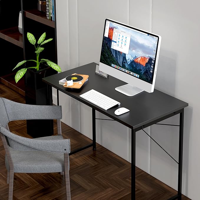 HealSmart Home Office Computer Desk, Modern Style Design with Headphone Hooks for Working, Writing and Gaming, 32 Inch, 40 Inches, Black - LeafyLoom