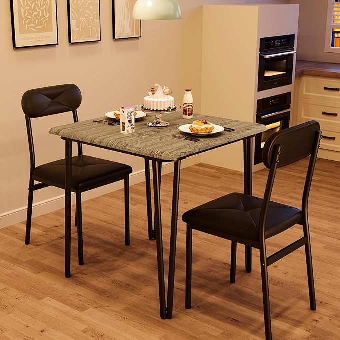 Dining Table for 2, Small Square kitchen Dinner Table Set for 2,Space Saving Wood Modern Dinette With Upholstered,Dining Room Furniture for Breakfast Nook, Apartment,Home Office Small Space,3 Piece - LeafyLoom