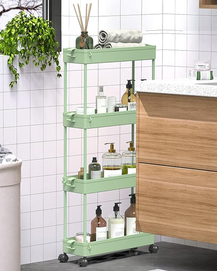 SPACEKEEPER Slim Rolling Storage Cart 4 Tier Bathroom Organizer Utility Cart Mobile Shelving Unit Tower Rack for Kitchen, Laundry Room, Bathroom, Narrow Places, Green - LeafyLoom