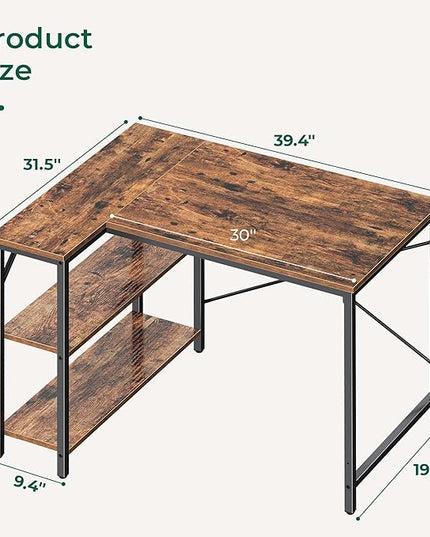 L Shaped Desk, 39 Inches Computer Desk with Reversible Storage Shelves, Gaming Desk, Corner Desk Home Office Desks, Writing Desk Study Desk with Metal Frame, Rustic Brown - LeafyLoom