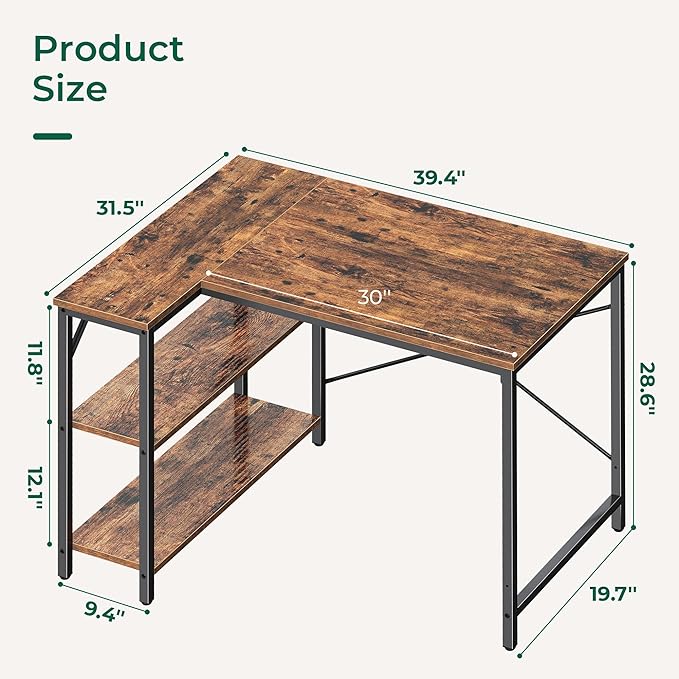 L Shaped Desk, 39 Inches Computer Desk with Reversible Storage Shelves, Gaming Desk, Corner Desk Home Office Desks, Writing Desk Study Desk with Metal Frame, Rustic Brown - LeafyLoom