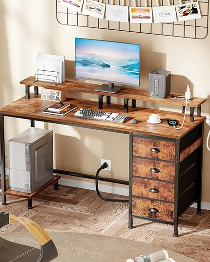 Furologee Desk with Power Outlets and LED Lights, 47in Gaming Computer Desk with 4 Fabric Drawers, Home Office Desk with Full Monitor Stand and Shelf, Study Writing Desk Bedroom, Rustic Brown - LeafyLoom