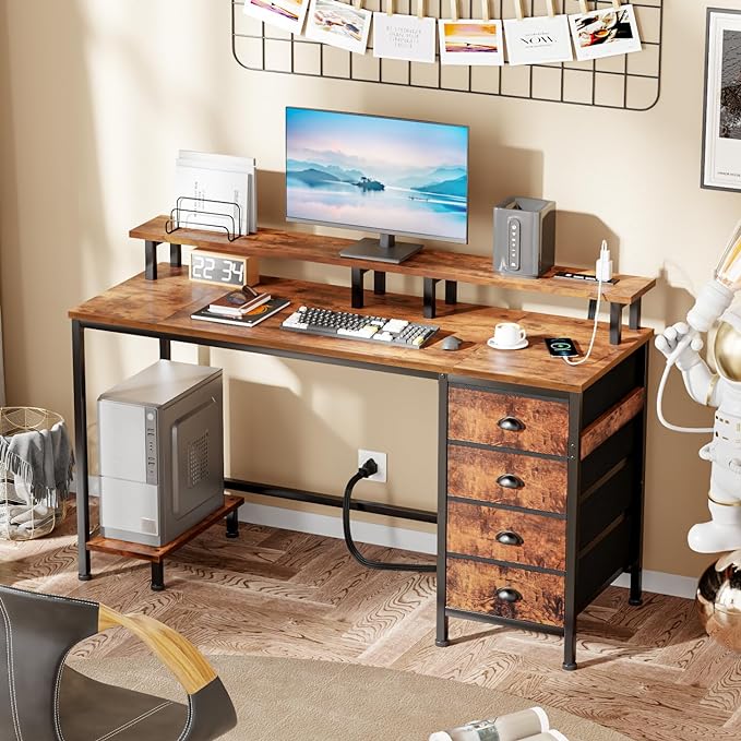 Furologee Desk with Power Outlets and LED Lights, 47in Gaming Computer Desk with 4 Fabric Drawers, Home Office Desk with Full Monitor Stand and Shelf, Study Writing Desk Bedroom, Rustic Brown - LeafyLoom