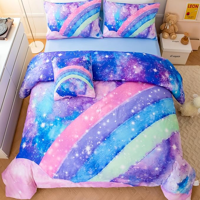 Tie Dye Comforter Girls Twin Comforter Set, 6 Pieces Colorful Rainbow Bed in A Bag, Pastel Gradient Galaxy Bedding Sets with Sheets, Comforter and Pillowcases for Teens Kids - LeafyLoom