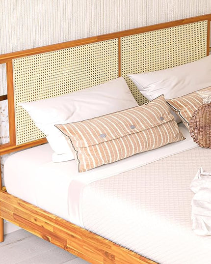 Bme Oliver King Bed Frame and Headboard - 15-Inch Signature Design with Rattan Headboard, Bohemian and Mid Century Style, 12-Slat Wood Support, No Box Spring Needed - Easy Assembly, Caramel - LeafyLoom