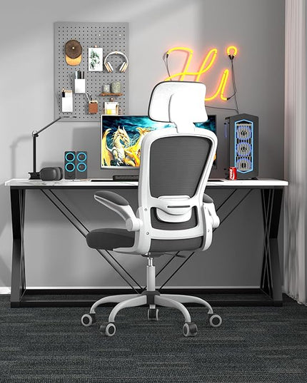 Mimoglad Office Chair, High Back Ergonomic Desk Chair with Adjustable Lumbar Support and Headrest, Swivel Task Chair with flip-up Armrests for Guitar Playing, 5 Years Warranty (Modern, Black) - LeafyLoom