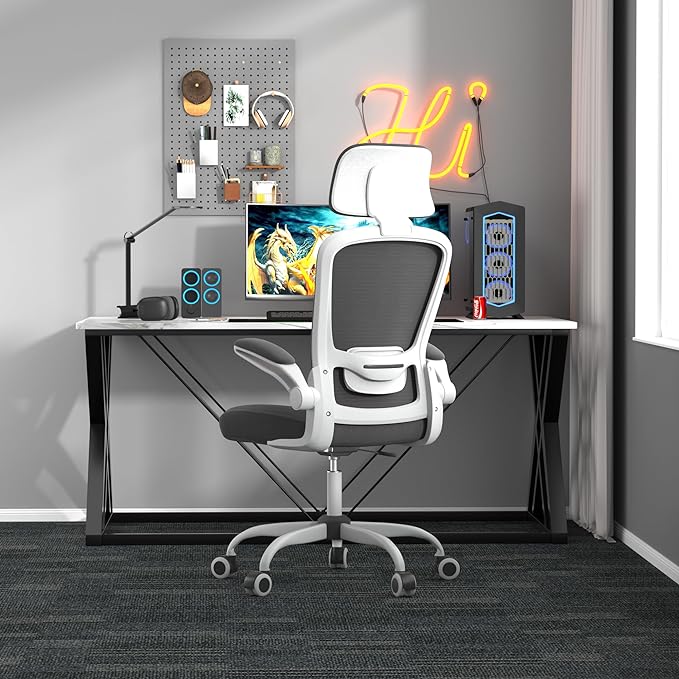 Mimoglad Office Chair, High Back Ergonomic Desk Chair with Adjustable Lumbar Support and Headrest, Swivel Task Chair with flip-up Armrests for Guitar Playing, 5 Years Warranty (Modern, Black) - LeafyLoom