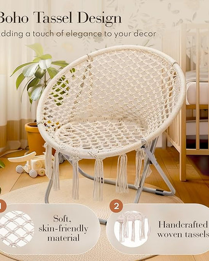 PASAMIC Boho Chair with Folding Metal Frame, 100% Cotton Handmade Round Cozy Chairs, Exquisite Comfy Chair for Bedroom, Living Room Décor Beige - LeafyLoom
