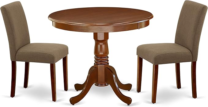 East West Furniture ANAB3-MAH-18 Antique 3 Piece Modern Set Contains a Round Kitchen Table with Pedestal and 2 Coffee Linen Fabric Parson Dining Chairs, 36x36 Inch - LeafyLoom