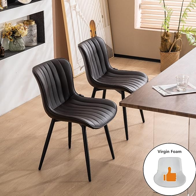 YOUNUOKE Brown Dining Chairs Set of 2 Upholstered Mid Century Modern Kitchen Chairs Armless Faux Leather Accent Guest Side Chair with Back Metal Legs for Living Reception Waiting Room Bedroom - LeafyLoom