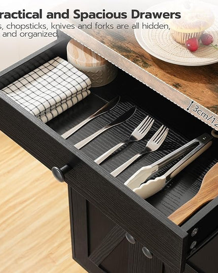 HOOBRO 43.3 Inch Kitchen Island with Charging Station, Rolling Kitchen Island with Storage, Kitchen Island Cart with Spice Rack and Hooks, for Kitchen, Living Room, Rustic Brown and Black BF11UZD01 - LeafyLoom