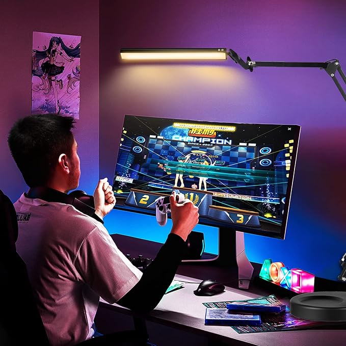 Desk Lamps for Home Office, 2-in-1 LED Desk Lamp, 3-Section Long Arm Desk Light with Clamp and Base, Adjustable Table Lamp with 3 Colors Modes, 10 Dimmer Levels and Memory Function - LeafyLoom
