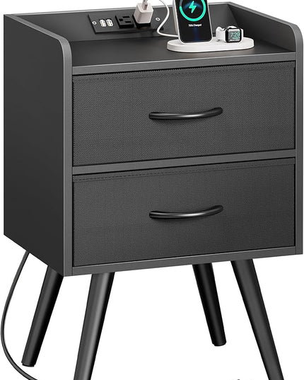 Night Stand with Charger Station, Nightstand with Drawers, Bedside Table, End Table with Solid Wood Feet, Black Nightstand, Side Tables for Bedroom - LeafyLoom