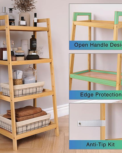 SMIBUY Bamboo Ladder Bookcase, Bathroom Storage Rack Organizer, 4 Tier Freestanding Plant Display Stand Space Saver Shelves for Bedroom, Kitchen, Balcony (Natural) - LeafyLoom