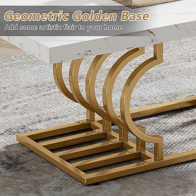 Tribesigns Modern Coffee Table, 47 Inch Faux Marble Cocktail Table with Geometric Frame, Rectangular Center Table Tea Table Accent Furniture for Living Room, Simple Assembly (White/Gold) - LeafyLoom