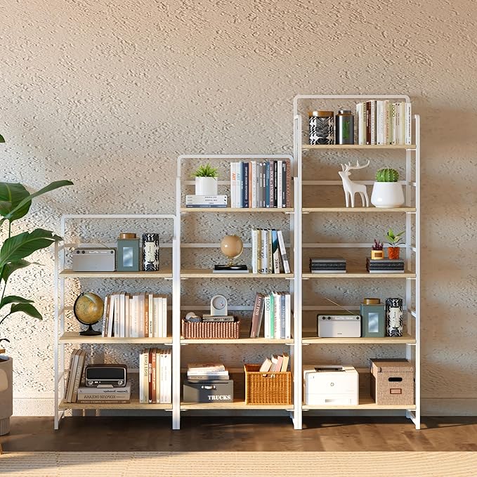 4NM No-Assembly 4 Tiers Folding Bookshelf Storage Shelves Vintage Bookcase Standing Racks Study Organizer Home Office (Natural and White) - LeafyLoom
