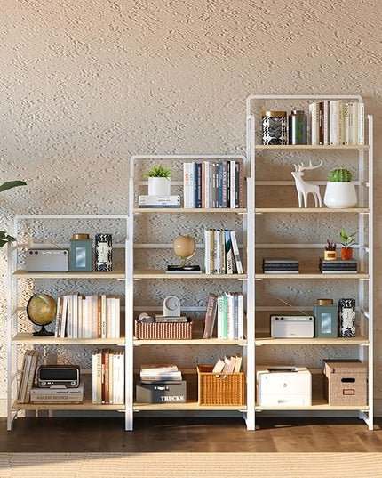 4NM No-Assembly 5 Tiers Folding Bookshelf Storage Shelves Vintage Bookcase Standing Racks Study Organizer Home Office (Natural and White) - LeafyLoom