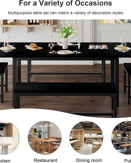 Feonase 5-Piece Dining Table Set for 4-8 People, 63" Large Extendable Kitchen Table Set with 2 Benches and 2 Square Stools, Dining Room Table with MDF Wood Board, Easy Assembly, Black - LeafyLoom