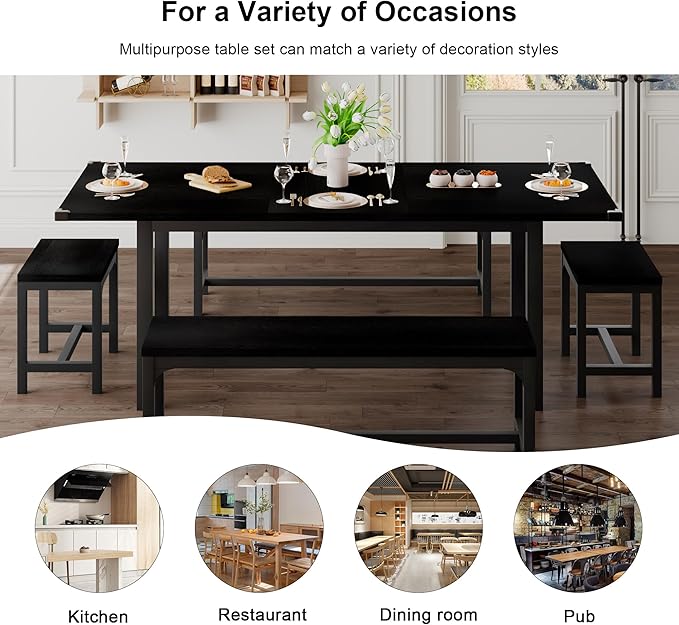 Feonase 5-Piece Dining Table Set for 4-8 People, 63" Large Extendable Kitchen Table Set with 2 Benches and 2 Square Stools, Dining Room Table with MDF Wood Board, Easy Assembly, Black - LeafyLoom