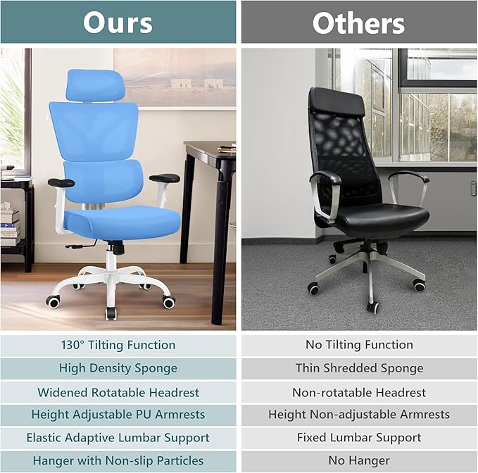 Office Chair Ergonomic Desk Chair, High Back Gaming Chair, Big and Tall Reclining chair Comfy Home Office Desk Chair Lumbar Support Breathable Mesh Computer Chair Adjustable Armrests(Sky Blue) - LeafyLoom