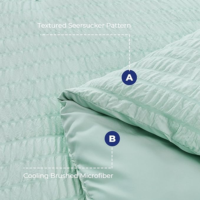 HYMOKEGE Seersucker King Size Comforter Set 3 Pieces, Lightweight Comforter Sets for Bedding, Bed Set with 1 All Season Soft Down Alternative Comforter and 2 Pillow Shams, Sage Green - LeafyLoom