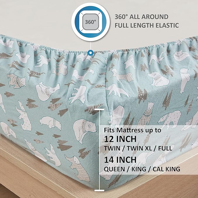 Comfort Spaces Cotton Flannel Breathable Warm Deep Pocket Sheets with Pillow Case Bedding, Twin, Blue Polar Bears 3 Piece - LeafyLoom