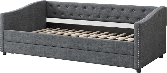 Twin Size Daybed with Trundle, Linen Upholstered Tufted Sofa Day Bed Frame with Button, Waved Shape Arms & Nailhead, Wooden Slats Support for Apartment,Bedroom - LeafyLoom