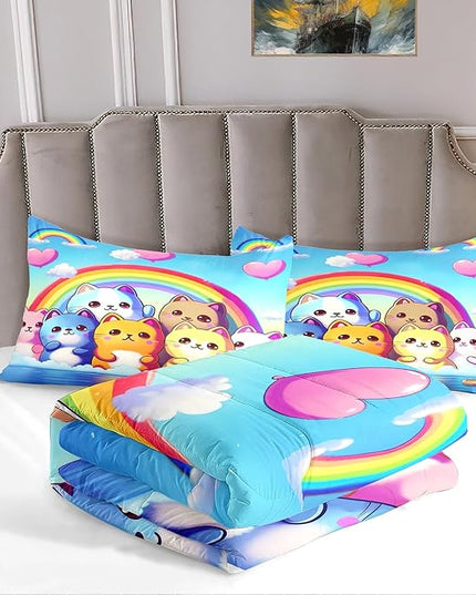Rainbow Cat Comforter Full Size - Rainbow Cat Bedding for Girls Room Cute Cartoon Rainbow Bedding Full Comforter Sets for Kids, 1 Comforter+2 Pillowcases - LeafyLoom