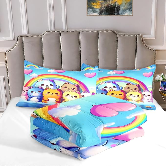 Rainbow Cat Comforter Full Size - Rainbow Cat Bedding for Girls Room Cute Cartoon Rainbow Bedding Full Comforter Sets for Kids, 1 Comforter+2 Pillowcases - LeafyLoom