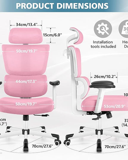 Primy Office Chair Ergonomic Desk Chair, High Back Computer Gaming Chair, Comfy Big and Tall Home Office Chair with Lumbar Support, Breathable Mesh Reclining Chair Adjustable Armrests Headrest(Pink) - LeafyLoom