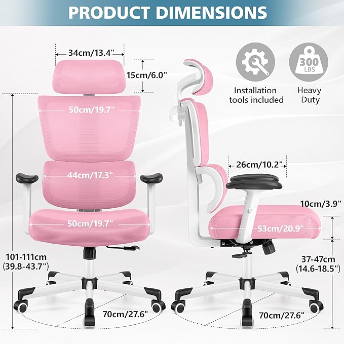 Primy Office Chair Ergonomic Desk Chair, High Back Computer Gaming Chair, Comfy Big and Tall Home Office Chair with Lumbar Support, Breathable Mesh Reclining Chair Adjustable Armrests Headrest(Pink) - LeafyLoom