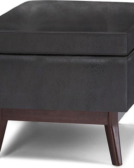 SIMPLIHOME Owen 36 inch Wide Rectangle Small Rectangular Storage Ottoman in Distressed Black Faux Leather, for the Living Room, Family Room and Entryway - LeafyLoom
