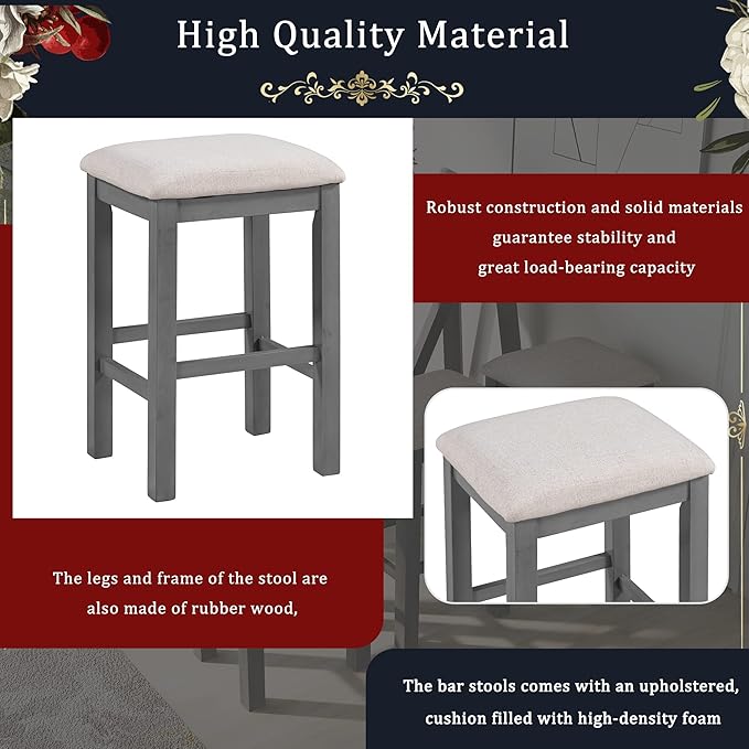 Multipurpose Table Dining Set with 3 Upholstered Stools, Easy to Assemble, Weight Capacity 350 LBS, for Living, Guest Room, Home Bar, Kitchen, Gray, 4-Piece, Gary - LeafyLoom