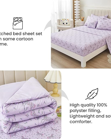Mooreeke Full Size Comforter Sets for Girls Kids, 8 Pieces Bed in a Bag Purple Floral Unicorn Bedding Comforter Sheet Set with Shams and Decorative Toy Pillow, Ultral Soft Microfiber Kids Bed Set - LeafyLoom
