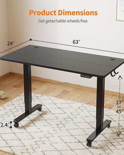 Cubiker 63 x 24 Inch Standing Desk, Stand up Height Adjustable Home Office Electric Table, Sit Stand Desk with Splice Board, Black Frame & Black Desktop - LeafyLoom