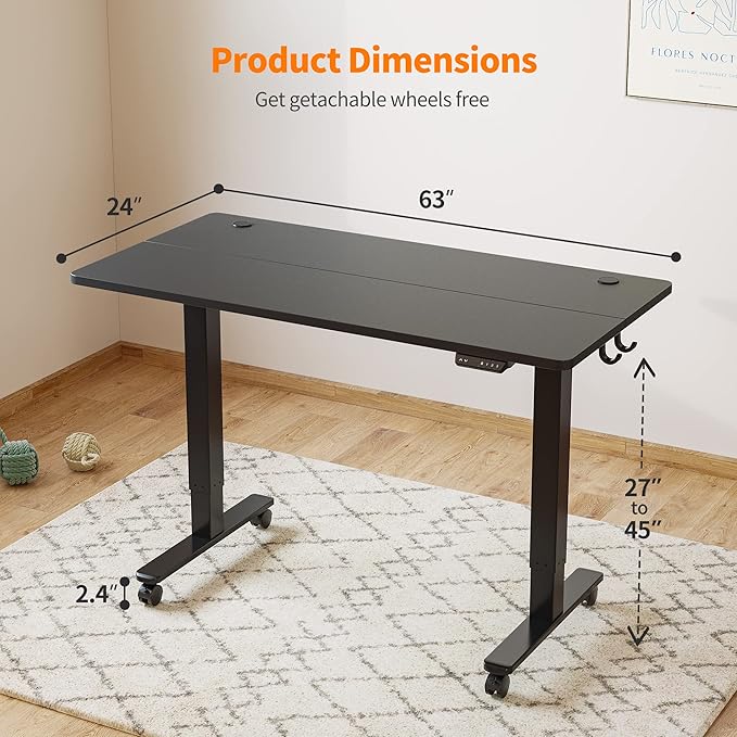 Cubiker 63 x 24 Inch Standing Desk, Stand up Height Adjustable Home Office Electric Table, Sit Stand Desk with Splice Board, Black Frame & Black Desktop - LeafyLoom