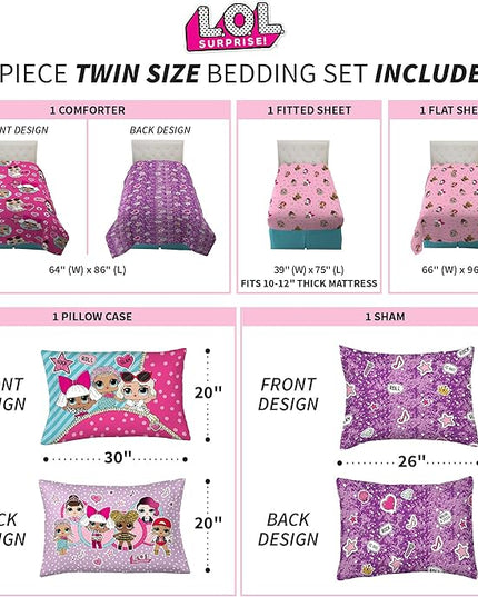 Franco Kids Bedding Super Soft Comforter and Sheet Set with Sham, 5 Piece Twin Size, LOL Surprise - LeafyLoom
