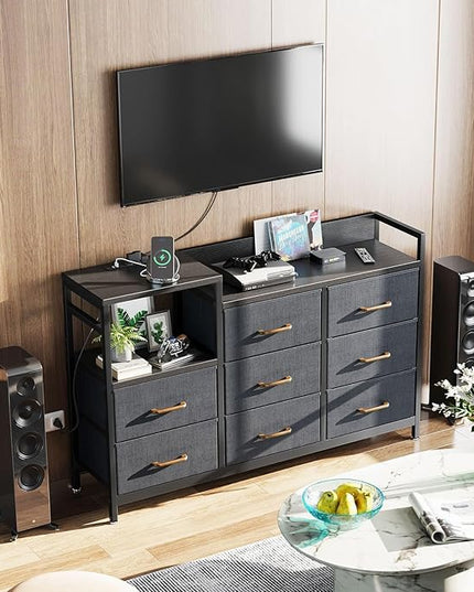 ODK Dresser with Charging Station, 52-Inch Long Dresser TV Stand for Bedroom, Large Dresser with 8 Storage Drawers, Chest of Drawers Easy-Pull Fabric Dressers for Living Room, Black and Dark Grey - LeafyLoom