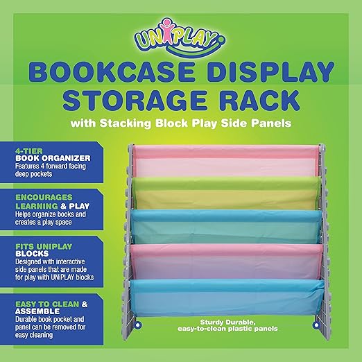 UNiPLAY Kids 4-Tier Book Storage Organizer with Sling Book Pockets, Plastic Sling Rack Bookshelf for Playroom, Fits Blocks, Gray/Pastel - LeafyLoom