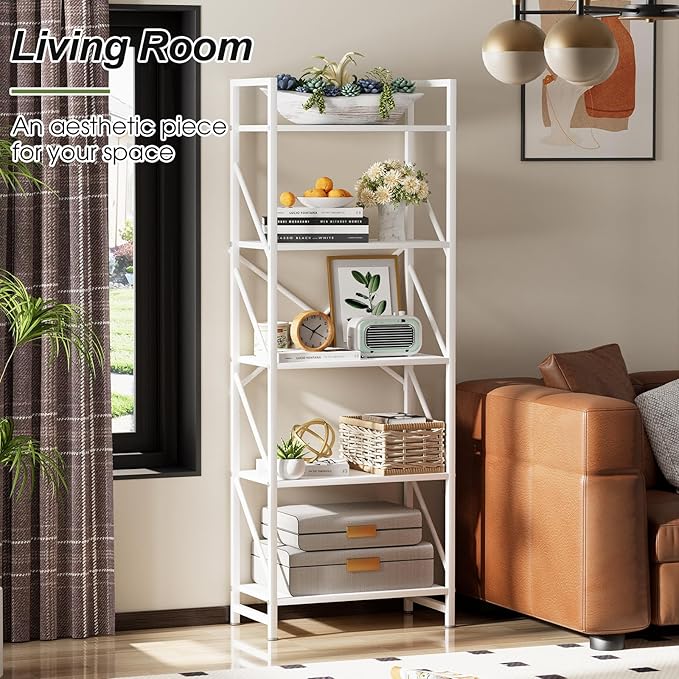 5 Tiers Bookshelf, Tall Bookcase,Classically Modern White Bookshelf Storage Organizer, Industrial Book Storage Rack,Open Shelving Wood Large Modern Bookshelf for Living Room/Bedroom/Home/Office, White - LeafyLoom