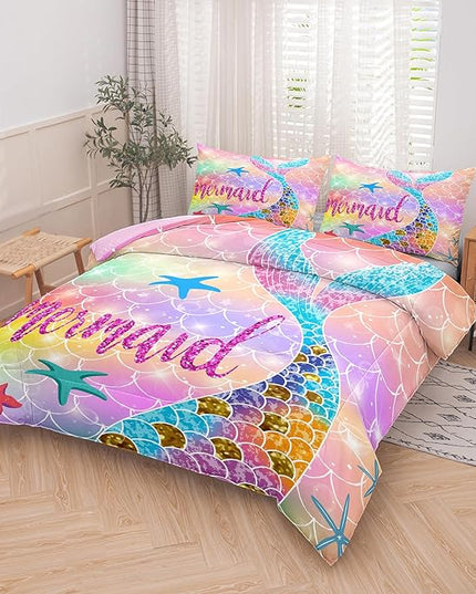 NINENINE Mermaid Comforter 5PCS Full Size Bedding Sets for Girls, Princess Comforter Sets for Girls, Glitter Bedding Set for Girls (1Comforter, 1Flat Sheet, 1Fitted Sheet, 2Pillowcases) - LeafyLoom