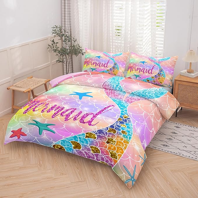 NINENINE Mermaid Comforter 5PCS Full Size Bedding Sets for Girls, Princess Comforter Sets for Girls, Glitter Bedding Set for Girls (1Comforter, 1Flat Sheet, 1Fitted Sheet, 2Pillowcases) - LeafyLoom