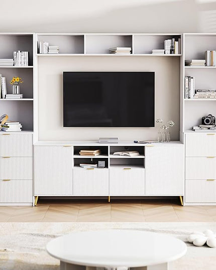 113Inch Entertainment Wall Unit with Bridge, TV Stand Media Console Table with 13 Shelves,8 Drawers and 2 Cabinets for Living Room, White - LeafyLoom