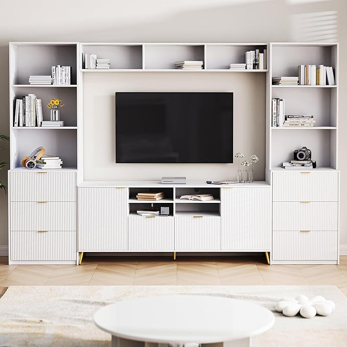113Inch Entertainment Wall Unit with Bridge, TV Stand Media Console Table with 13 Shelves,8 Drawers and 2 Cabinets for Living Room, White - LeafyLoom
