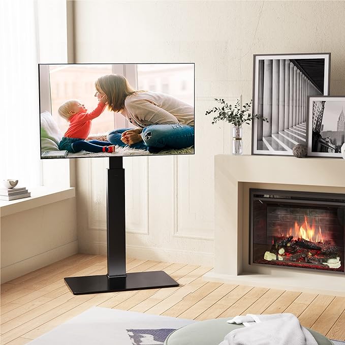 FITUEYES Swivel Floor TV Stand with Mount for TVs 37 43 50 55 60 65 70 75 Inch LCD LED Flat/Curved Screens Universal Swivel Televisions TV Mount Stand for Bedroom Living Room Black Tempered Glass Base - LeafyLoom