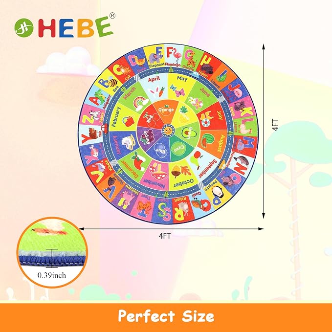 HEBE Kids Play Rug 4ft ABC Alphabet Numbers Shapes Educational Kid Area Rug Washable Baby Crawling Mat Non Slip Kid Play Mat Carpet for Girl Boy Bedroom Playroom - LeafyLoom