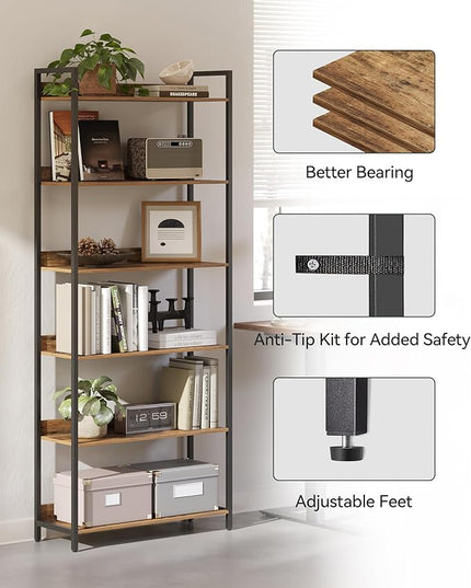 6-Tier Bookshelf, Large Bookcase with Open Shelves, Tall Book Shelf Coner Shelf for Living Room, Bedroom, Home Office, Study, Bathroom,11.5 x 29.9 x 72.6 Inches, Rustic Brown and Black - LeafyLoom